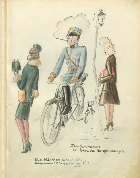 Adolf Wismer: Hauptmann Vogel, Charmeur auf dem Velo (Karikatur), 1939-1945 (StASG W 130/Seite 133)